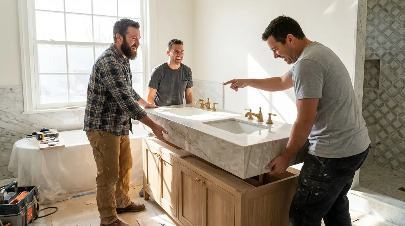 remodelers installing a countertop and sink in a luxury bathrom