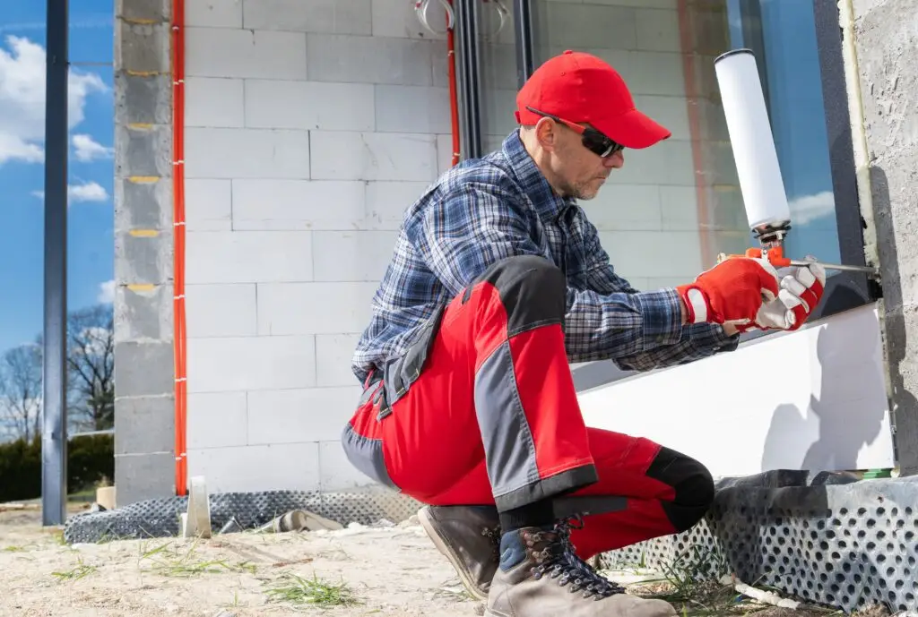 A,Construction,Worker,Is,On,His,Knees,,Applying,Sealant,To