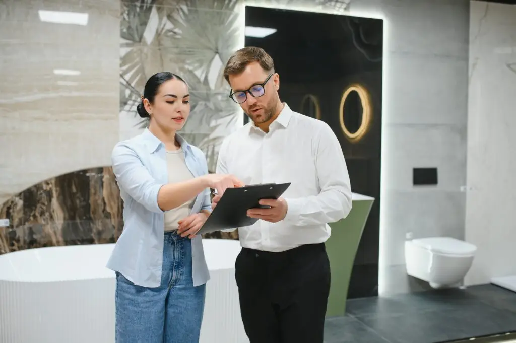 Bathroom Remodeling 7 Female,Buyer,Discusses,Options,With,A,Male,Seller,In,A